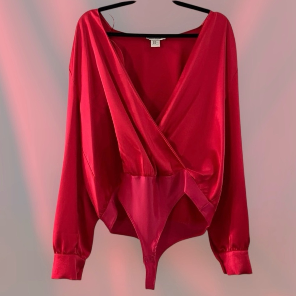 Rachel Zoe Raspberry Red Satin Bodysuit Blouse XL V-Neck Plunge Long Sleeve